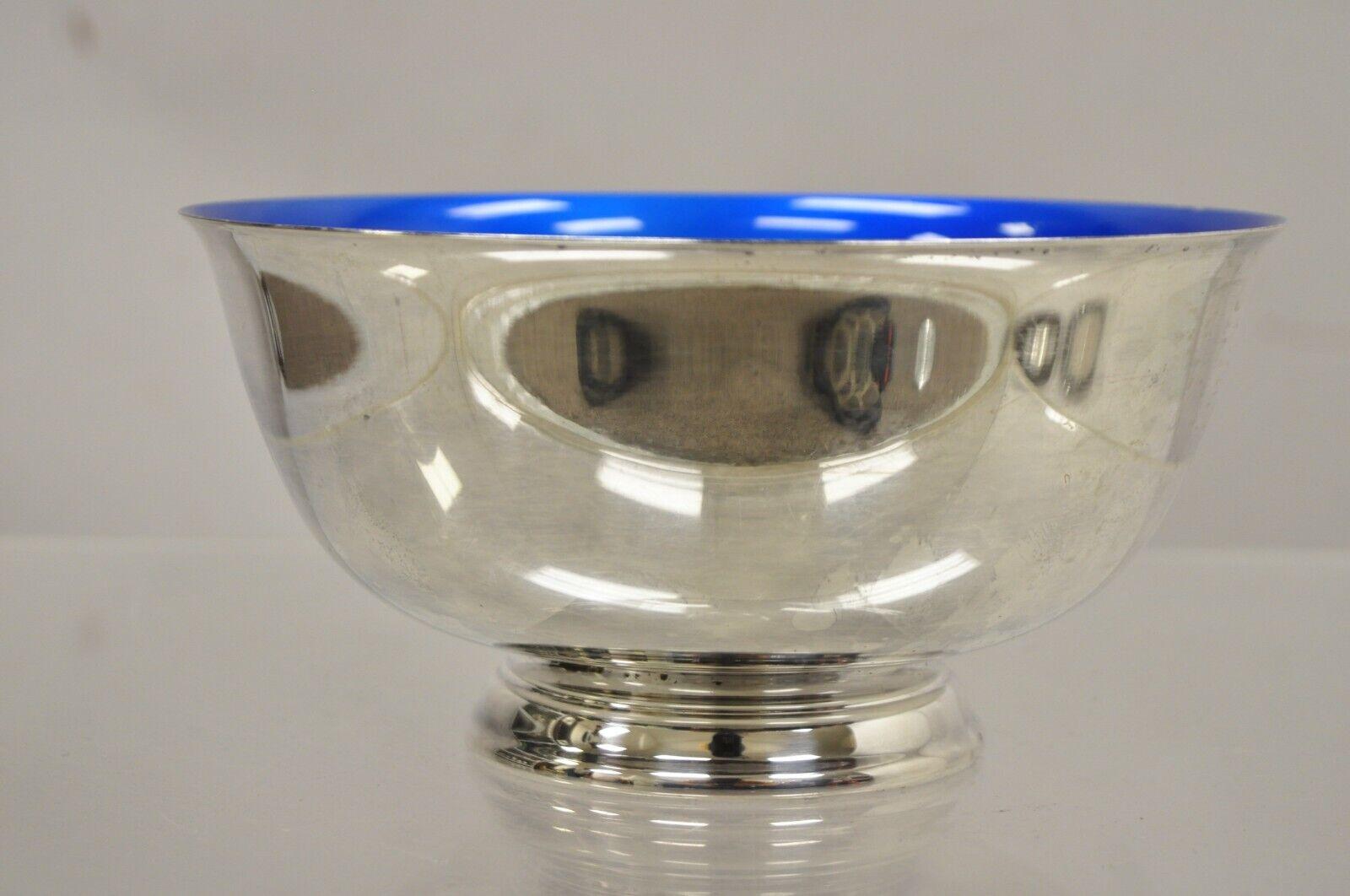 Vintage Reed & Barton Azure Blue Enamel Silver Plated Modern Round Serving Bowl 2