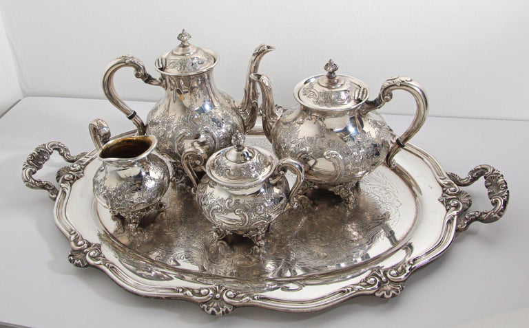 Victorian Vintage Reed & Barton Regent Hand Chased Tea and Coffee Set Service For Sale