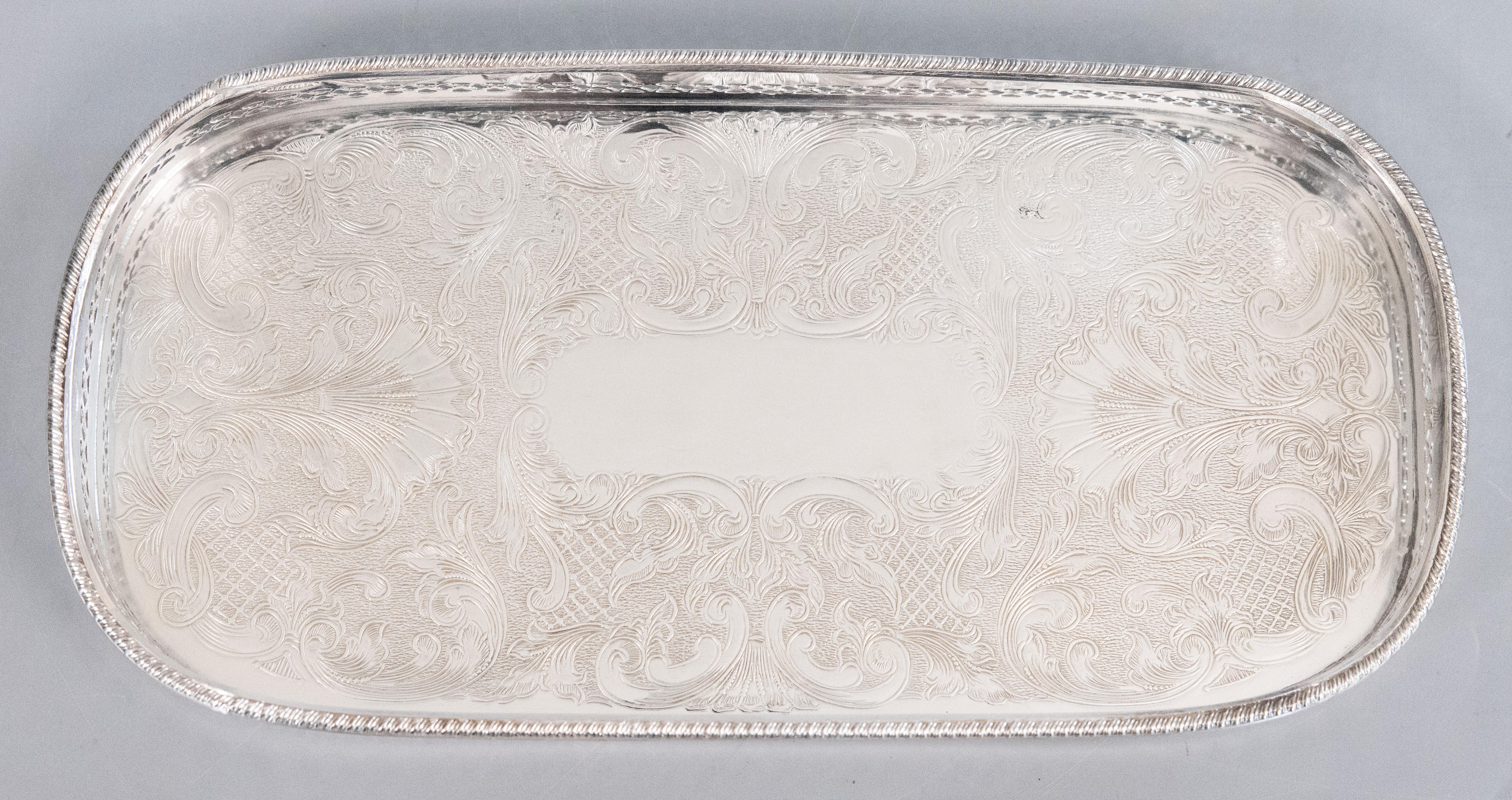 Plated Mid Century English Sheffield Reed & Barton Silver Plate Gallery Dresser Tray For Sale