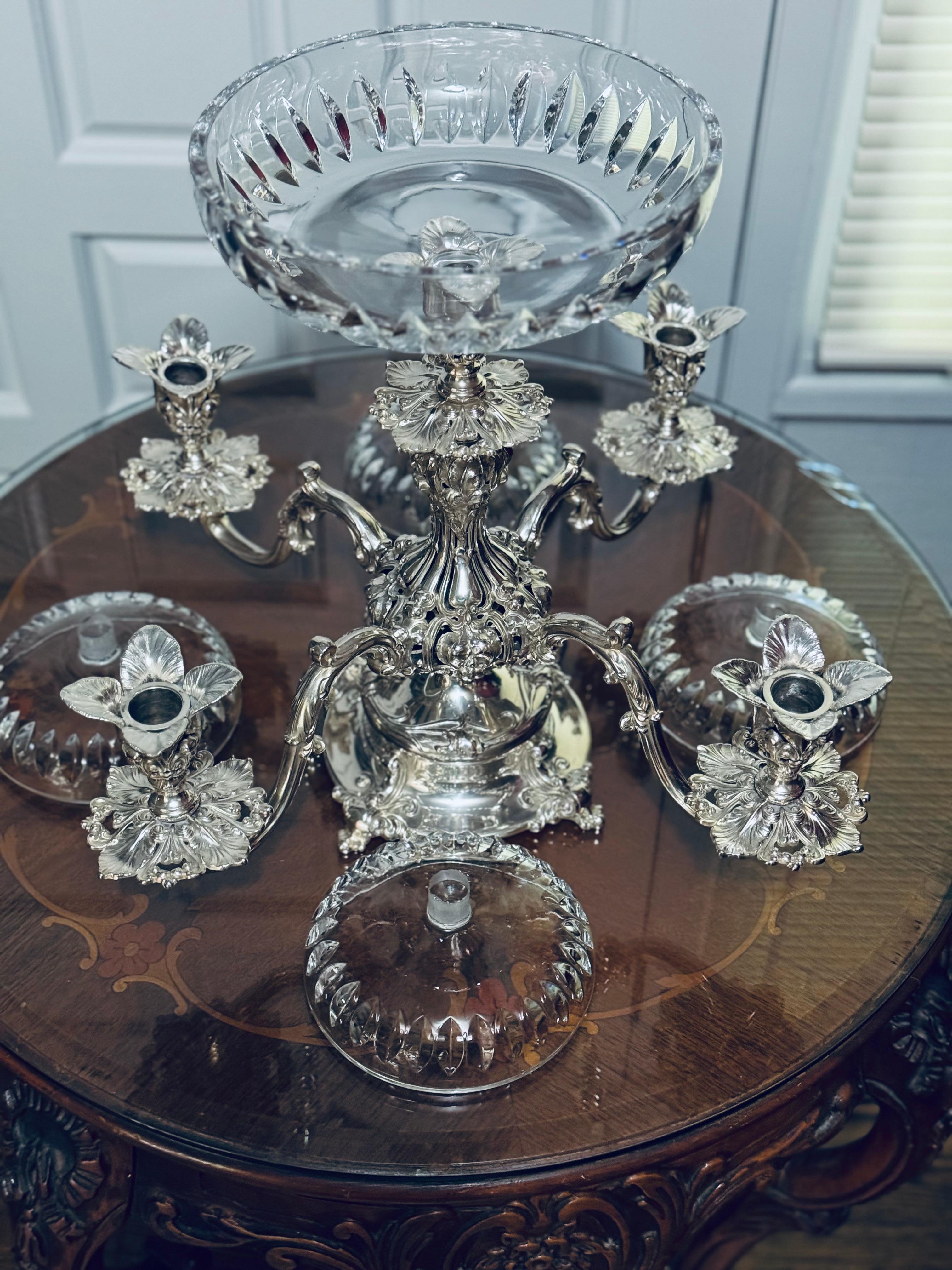 Silver Plate Vintage Reed & Bartron (166 Silverplate, Hollowware) Epergne with Glass Liners