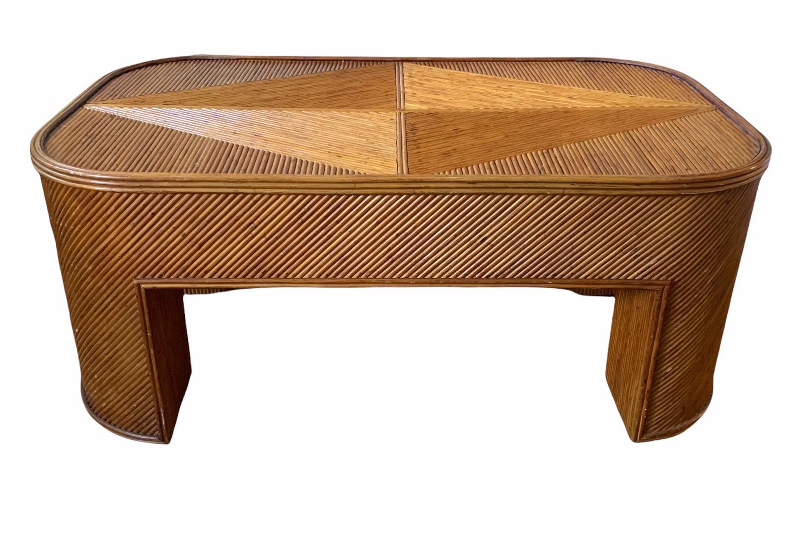Late 20th Century Hollywood Regency Gabriella Crespi Style Split Pencil Reed Rattan Table
