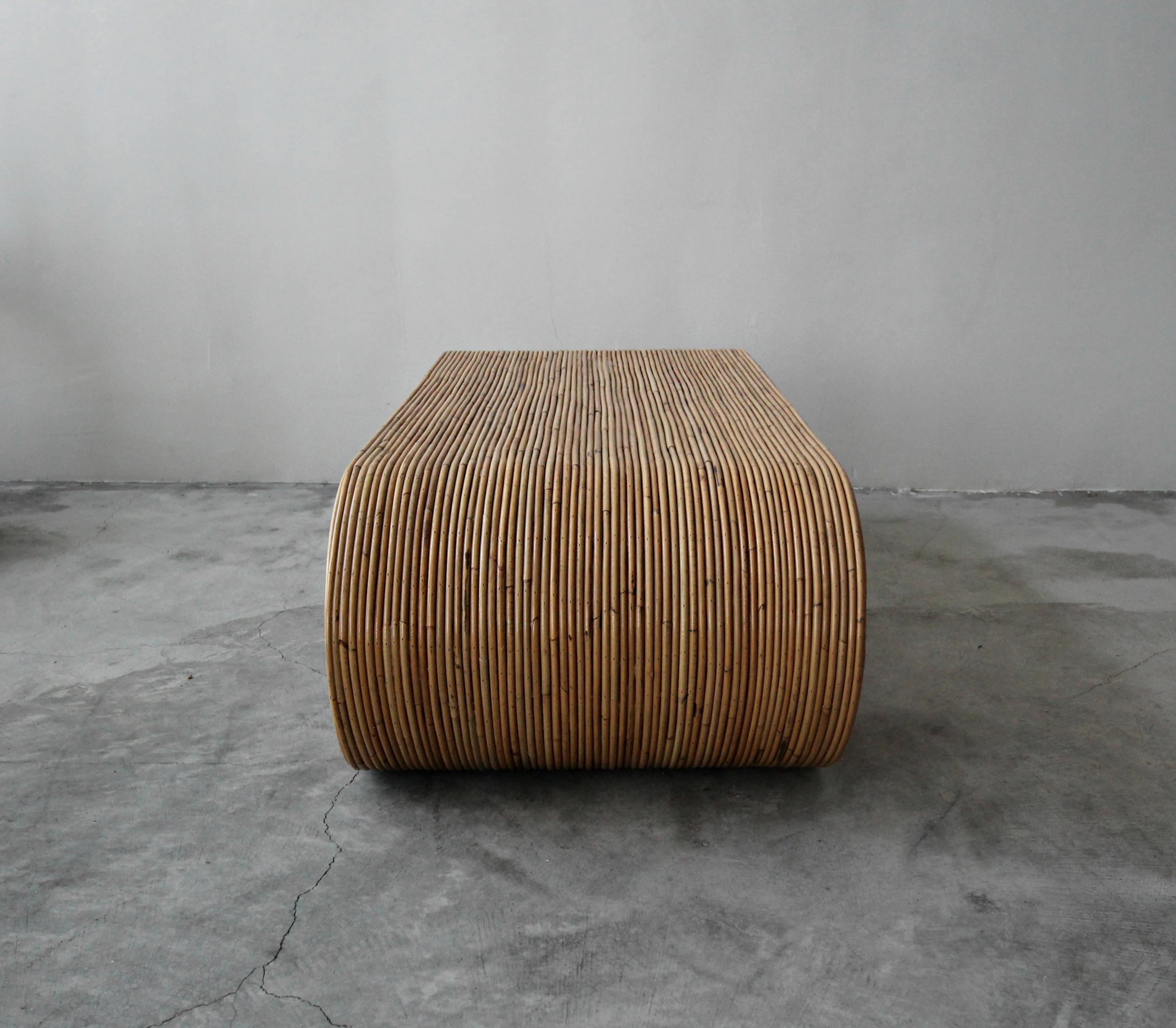 20th Century Vintage Reeded Bamboo Wicker Rattan Scroll Coffee Table