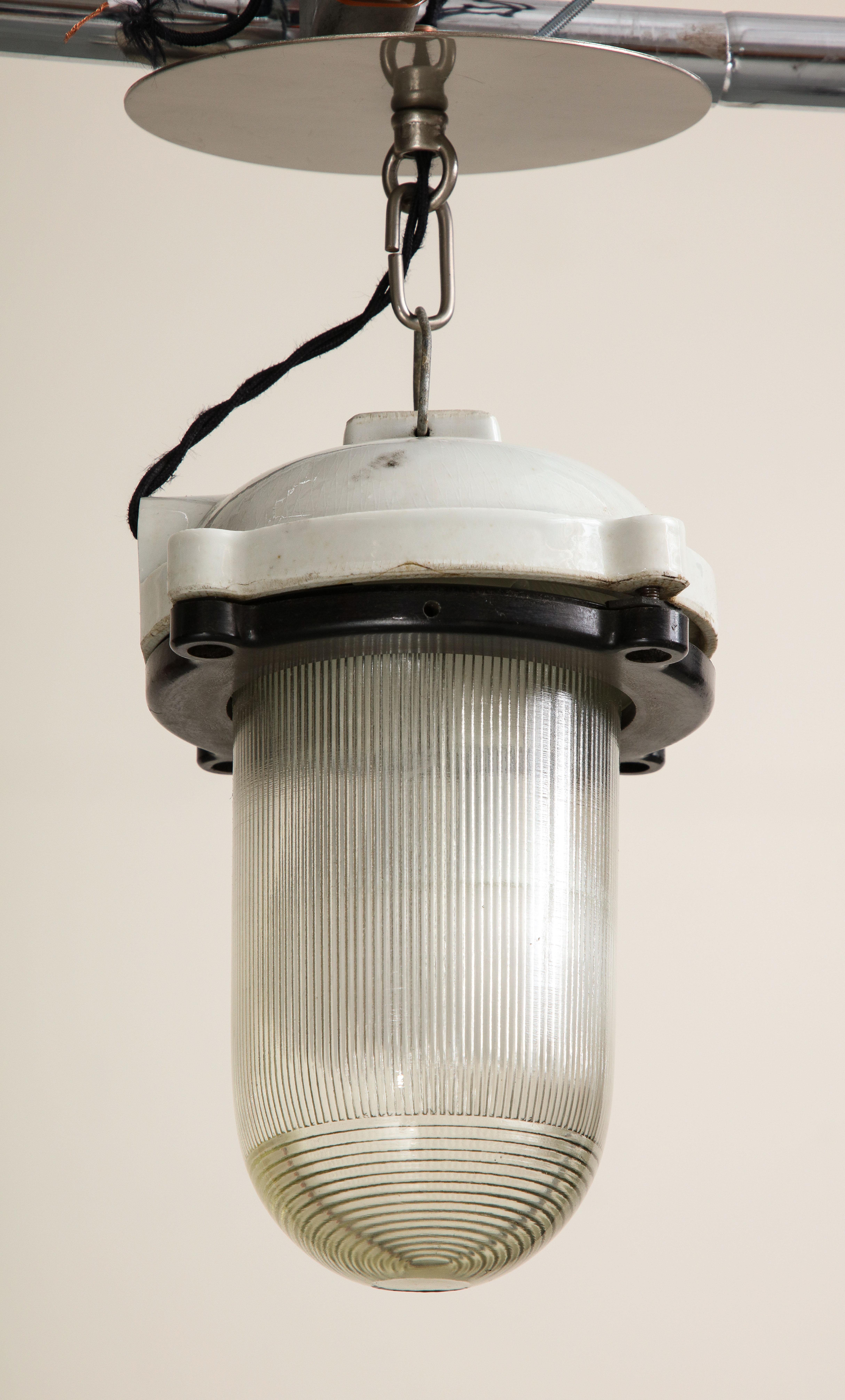 Industrial Vintage Reeded Glass Pendant with White Enamel Cast Iron Top For Sale