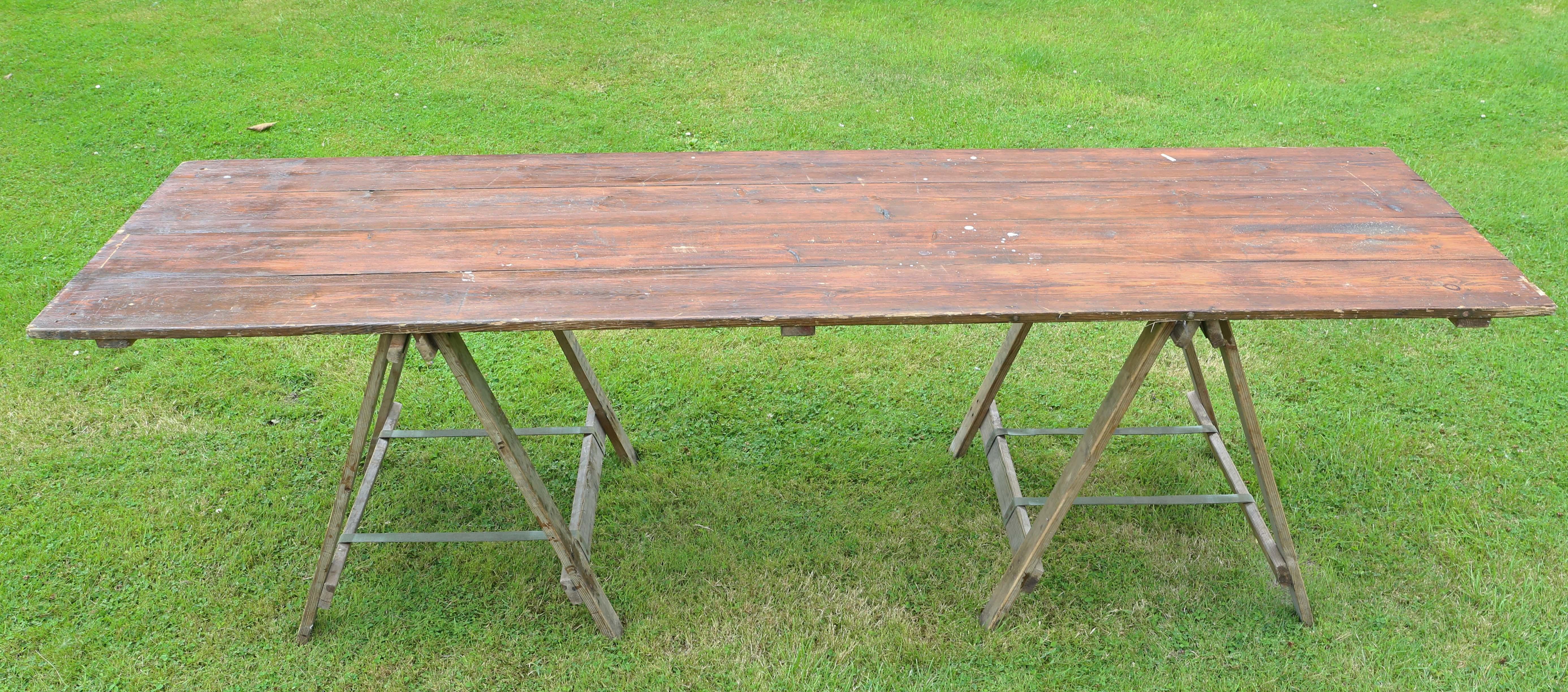 Vintage refectory trestle kitchen garden dining table mid 20th Century 8' In Distressed Condition For Sale In Wisbech, Cambridgeshire