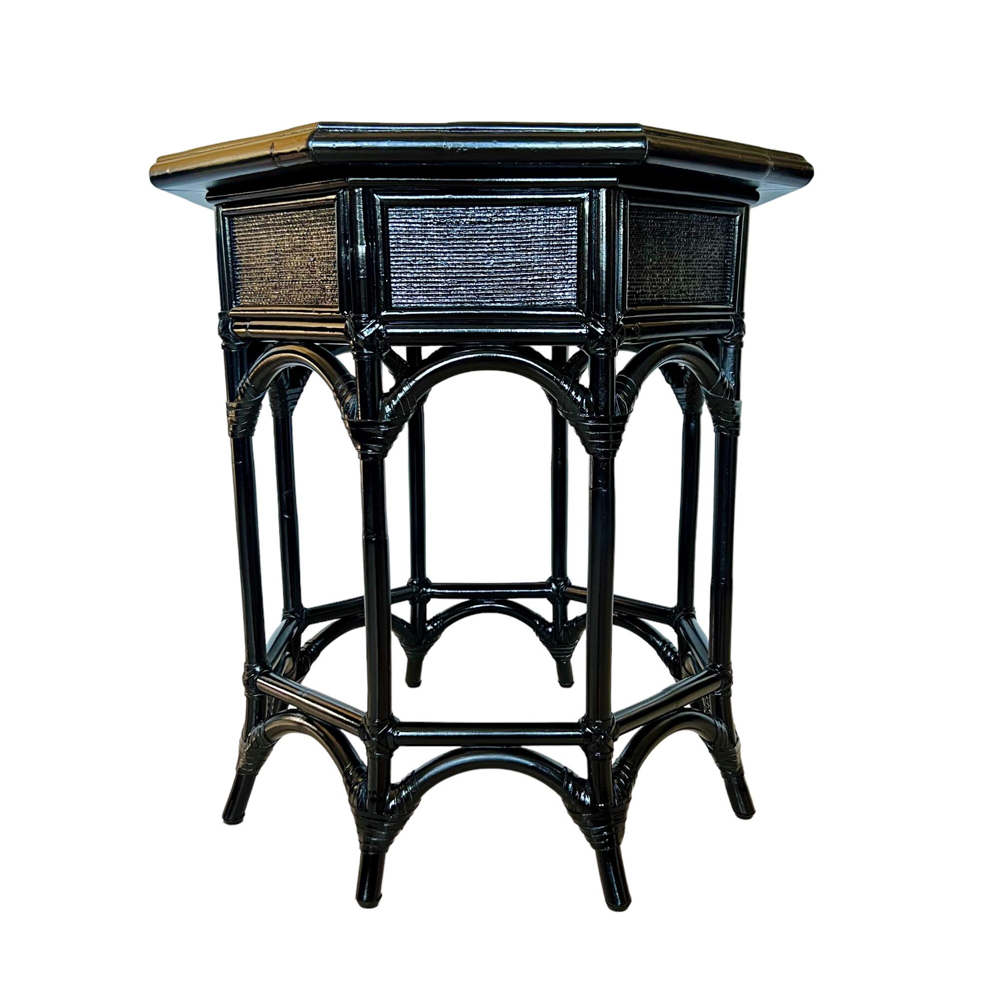 Leather Vintage Refinished Black Rattan Resin Top Octagon Side Tables, a Pair For Sale