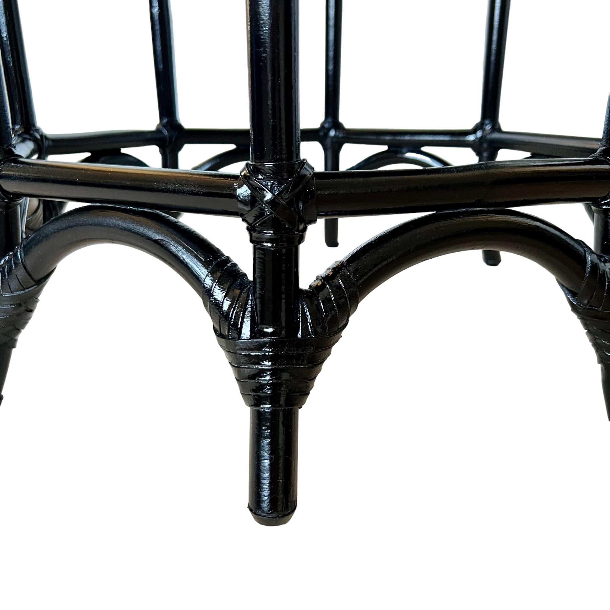 Vintage Refinished Black Rattan Resin Top Octagon Side Tables, a Pair For Sale 2