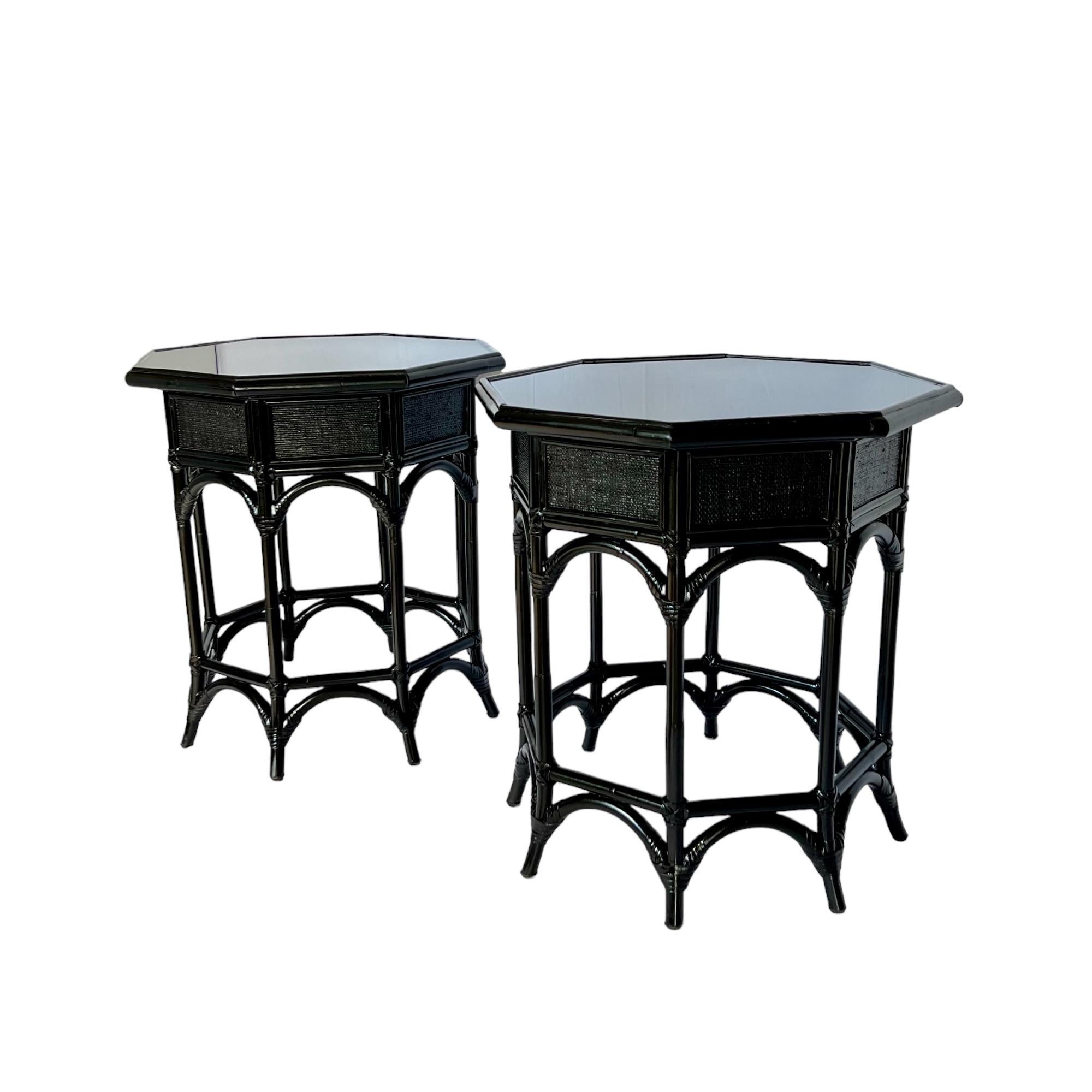 Chinoiserie Vintage Refinished Black Rattan Resin Top Octagon Side Tables, a Pair For Sale