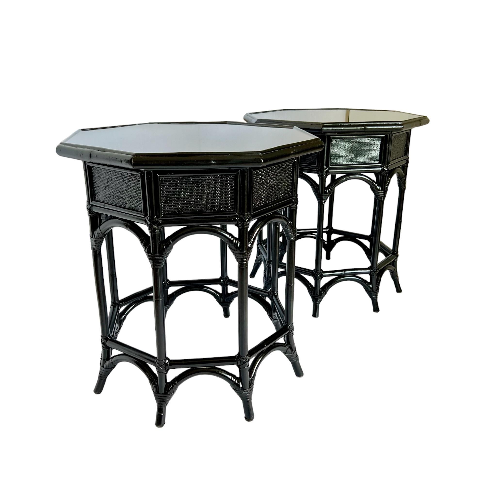 Vintage Refinished Black Rattan Resin Top Octagon Side Tables, a Pair In Good Condition For Sale In Harlingen, TX
