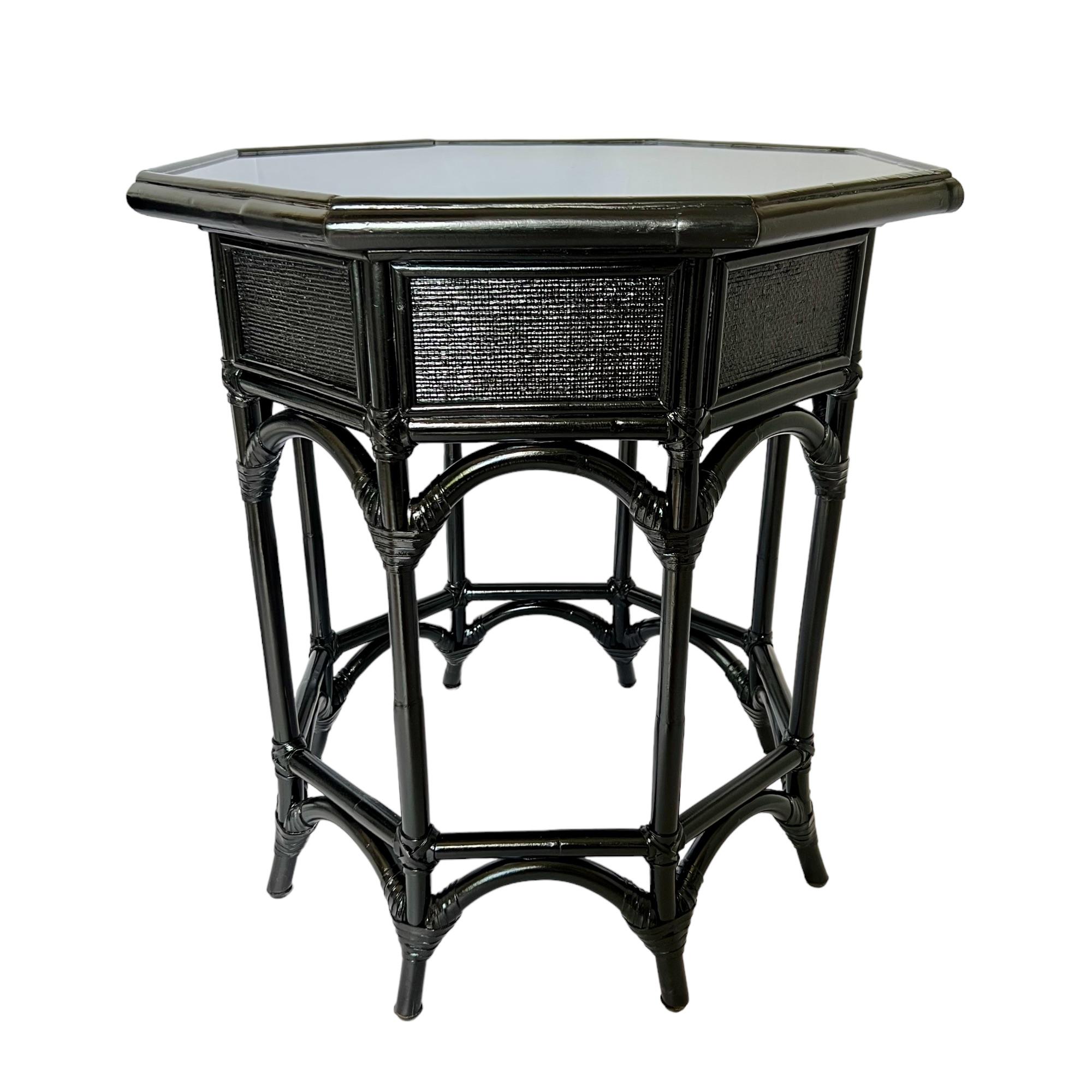 Late 20th Century Vintage Refinished Black Rattan Resin Top Octagon Side Tables, a Pair For Sale