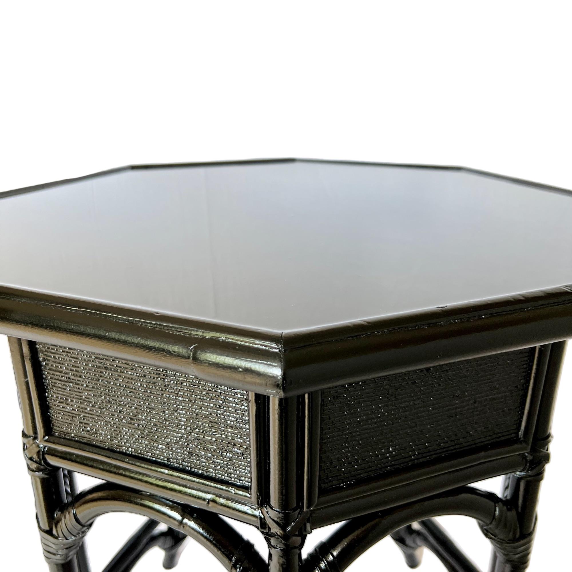 Late 20th Century Vintage Refinished Black Rattan Resin Top Octagon Side Tables, a Pair For Sale