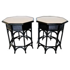 Vintage Refinished Black Rattan Resin Top Octagon Side Tables, a Pair