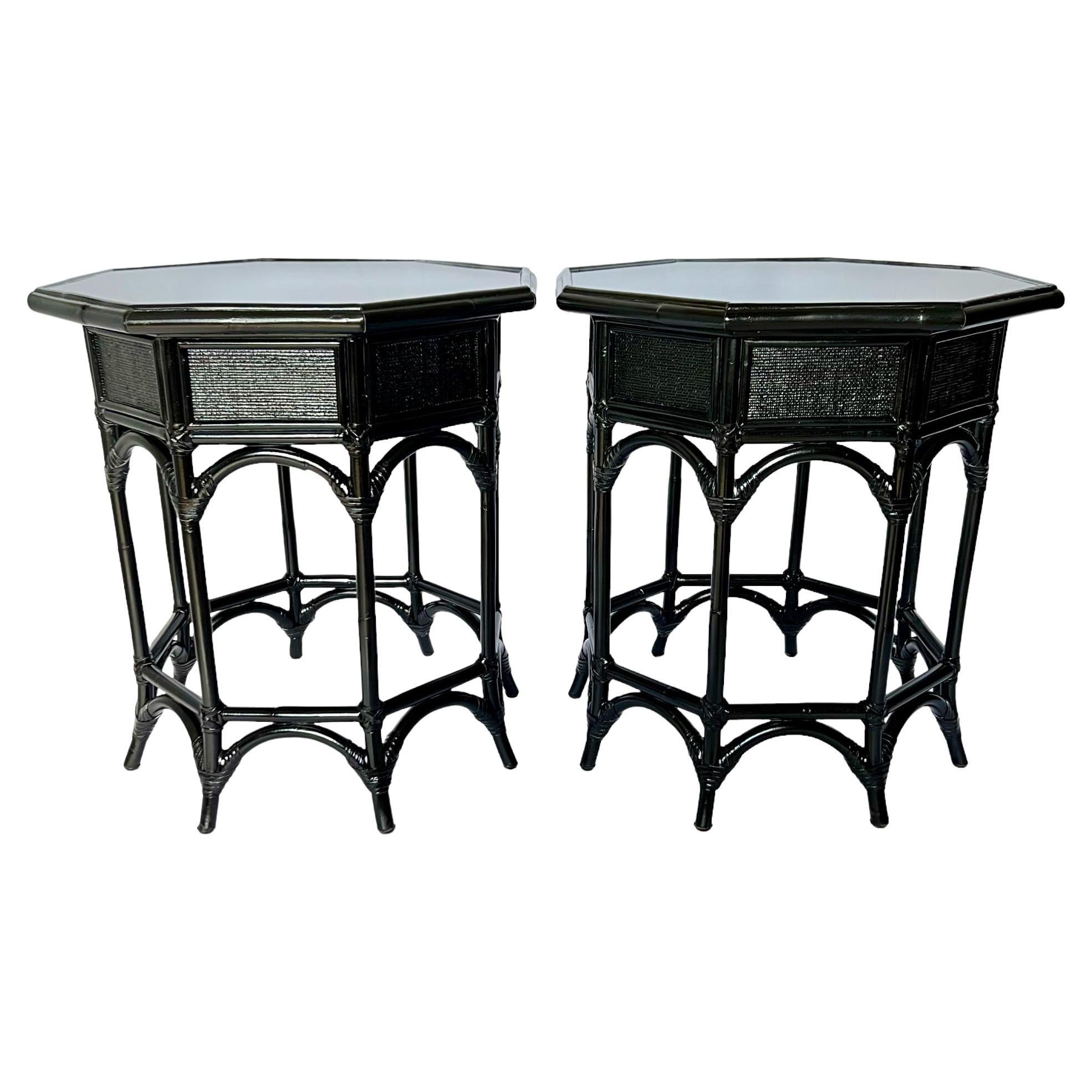 Vintage Refinished Black Rattan Resin Top Octagon Side Tables, a Pair For Sale