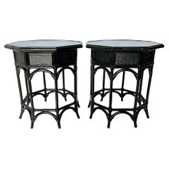 Vintage Refinished Black Rattan Resin Top Octagon Side Tables - a Pair