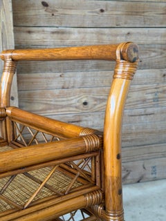 Vintage Refinished Coastal Rattan Two-Tier Bar Cart With Bottle Holders