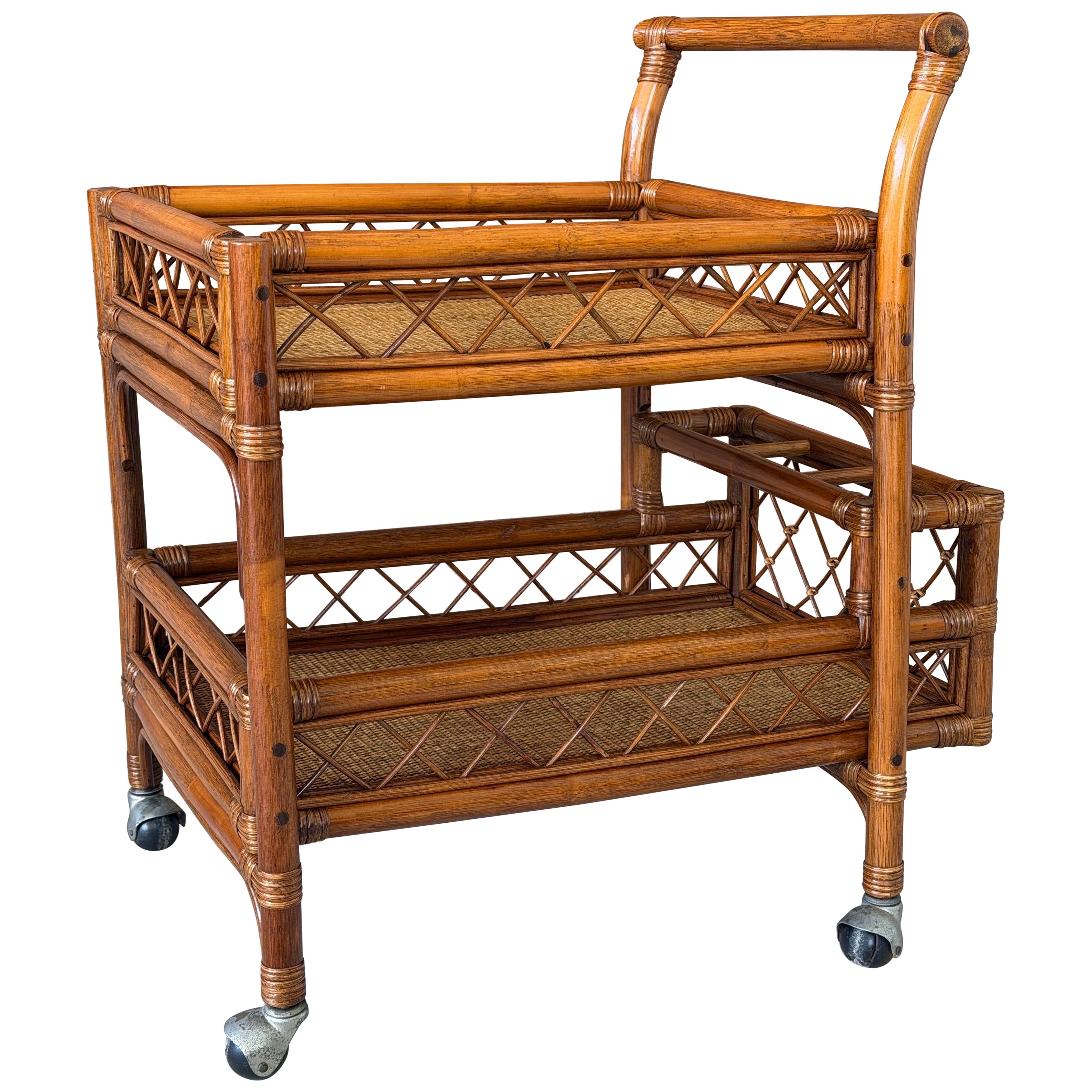 Vintage Refinished Coastal Rattan Two-Tier Bar Cart With Bottle Holders