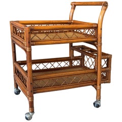 Vintage Refinished Coastal Rattan Two-Tier Bar Cart With Bottle Holders