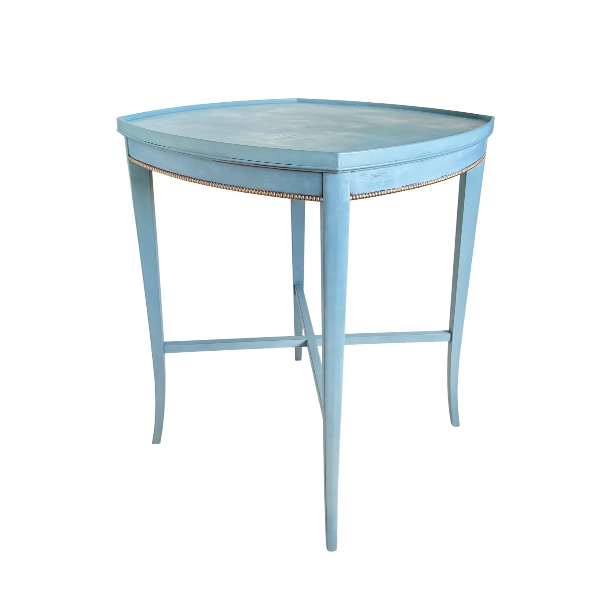 French Provincial Vintage Refinished French Blue Side Table with Gold Bead Edge