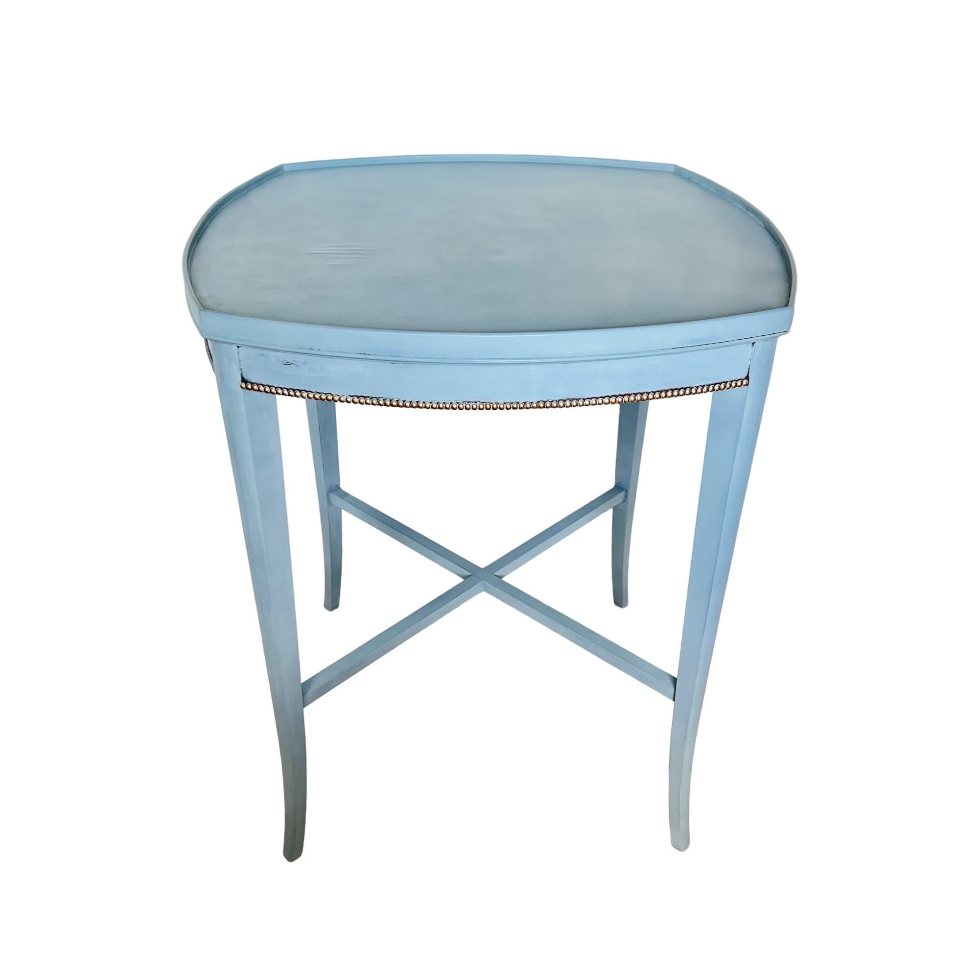 Carved Vintage Refinished French Blue Side Table with Gold Bead Edge