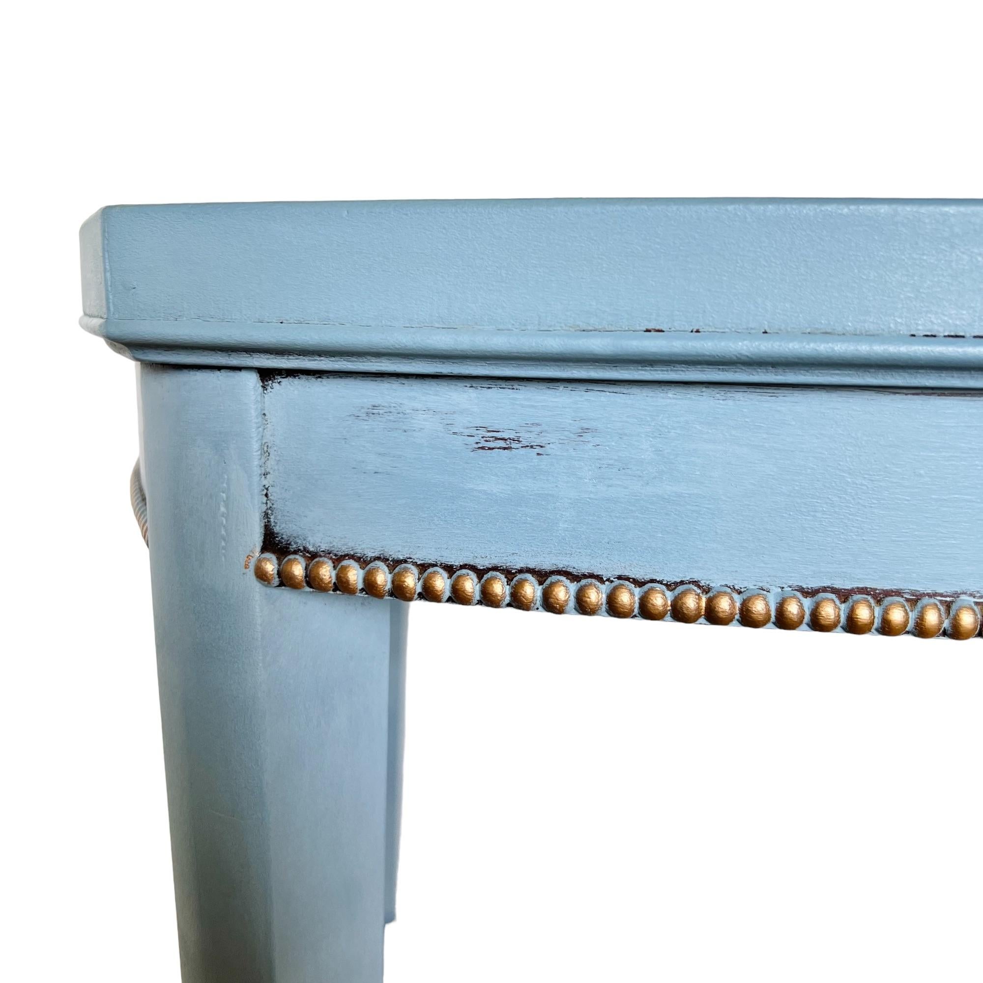 Mahogany Vintage Refinished French Blue Side Table with Gold Bead Edge