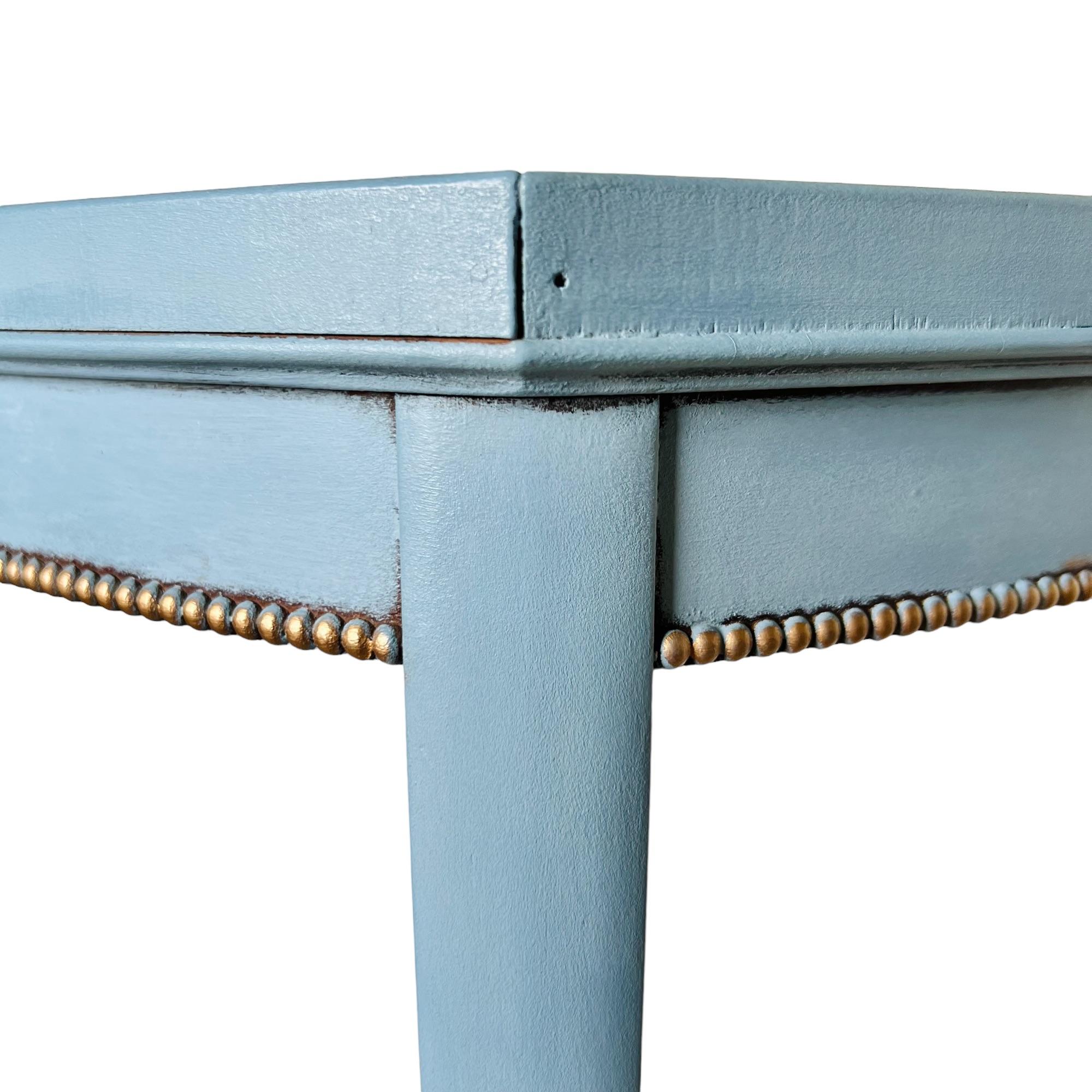 Vintage Refinished French Blue Side Table with Gold Bead Edge 1