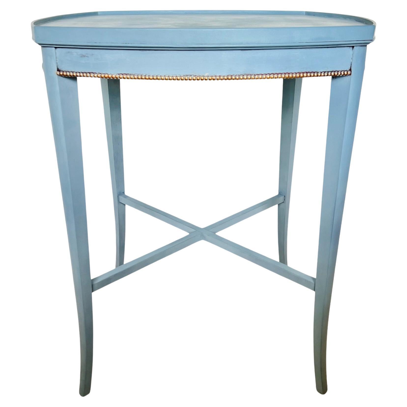 Vintage Refinished French Blue Side Table with Gold Bead Edge