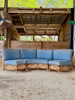 Vintage Refinished Organic Modern Coastal Three-Piece Curved Rattan Sectional