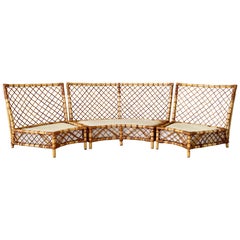 Vintage Refinished Organic Modern Coastal Three-Piece Curved Rattan Sectional