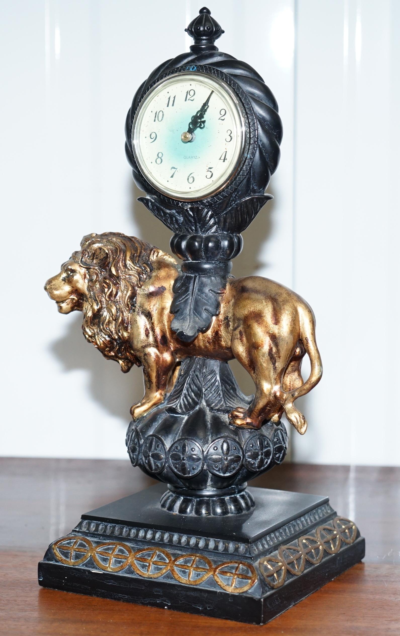 French Vintage Regal Lion Standing Mantle Clock with Modern Clock Movement