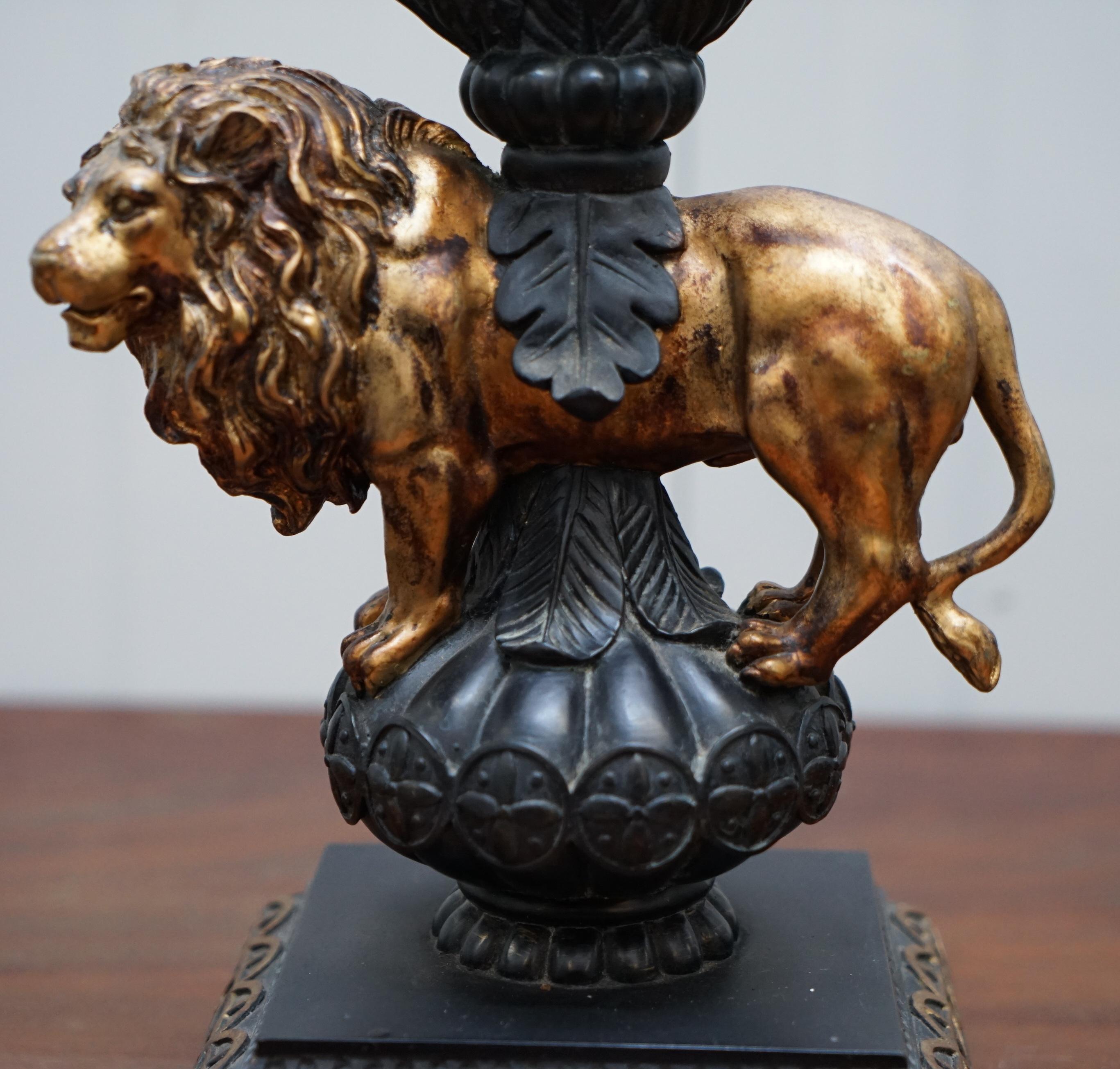 Hand-Crafted Vintage Regal Lion Standing Mantle Clock with Modern Clock Movement