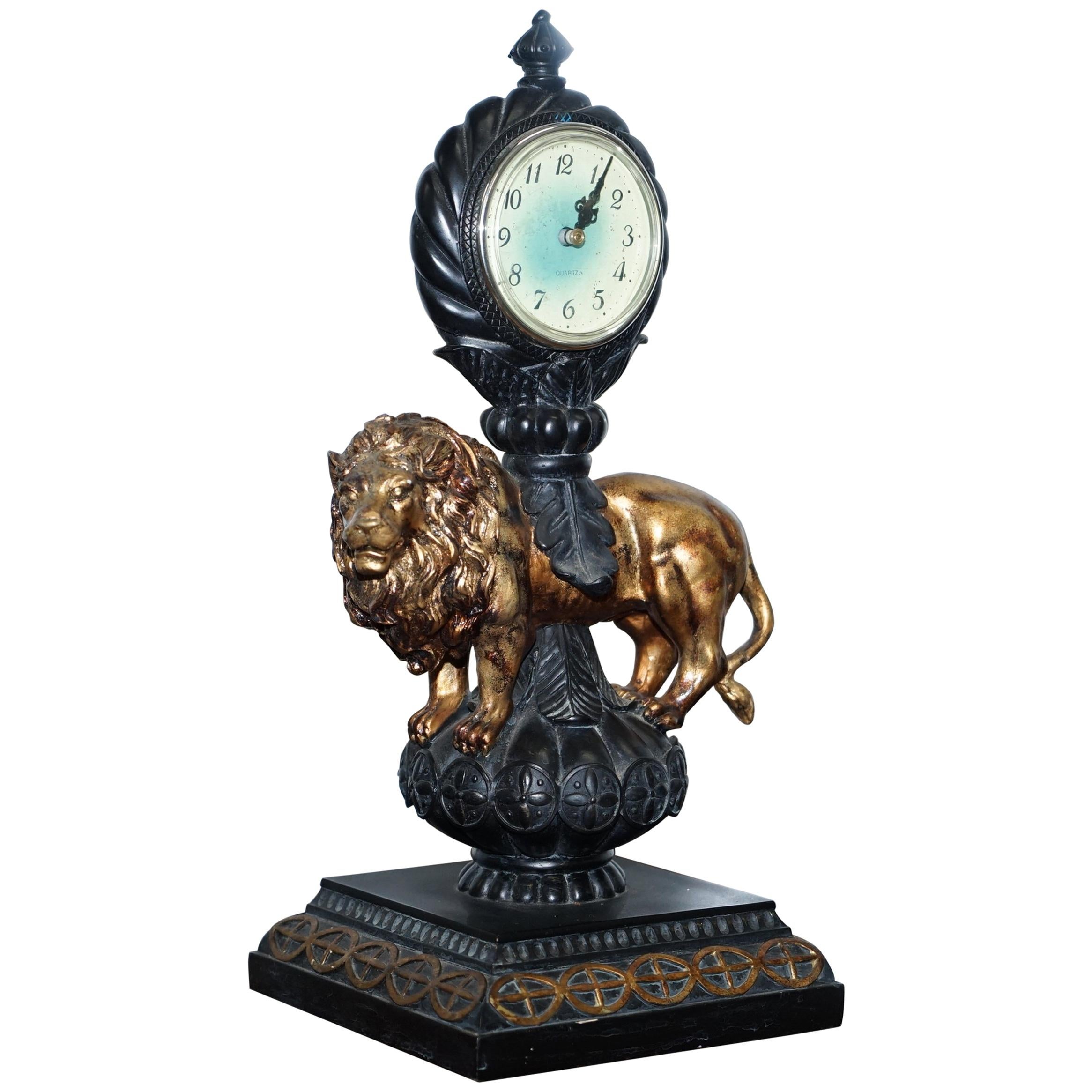 Vintage Regal Lion Standing Mantle Clock with Modern Clock Movement