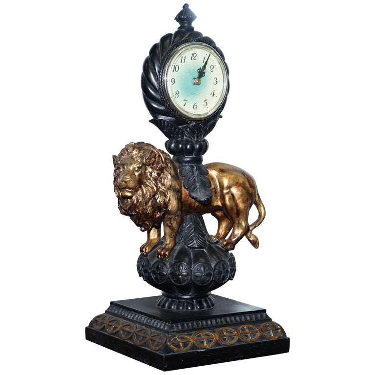 Vintage Regal Lion Standing Mantle Clock with Modern Clock Movement at