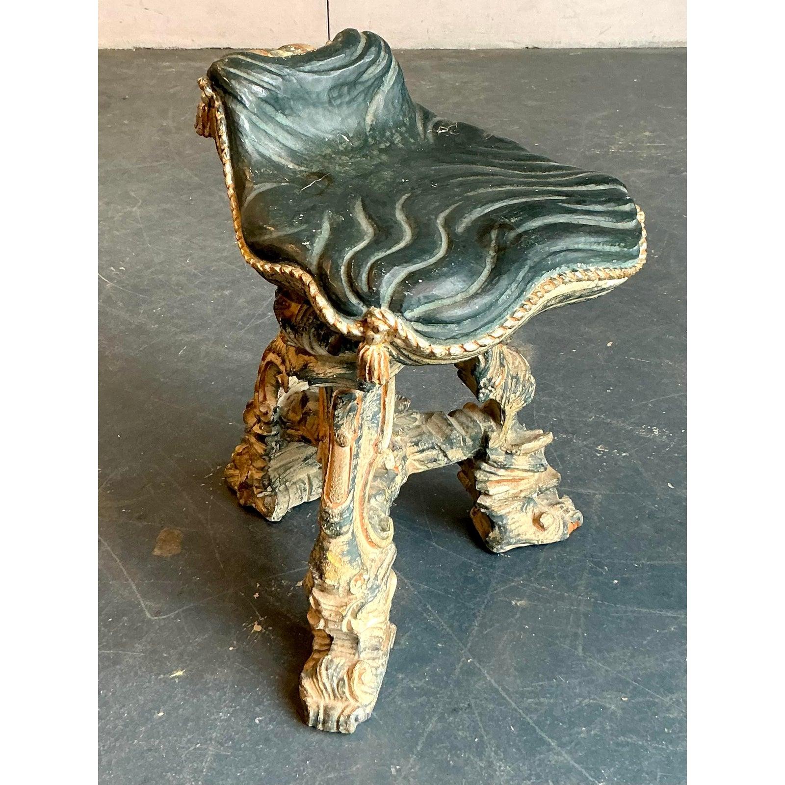 Hollywood Regency Vintage Regency 16th Century Carved Tassel Low Stool For Sale