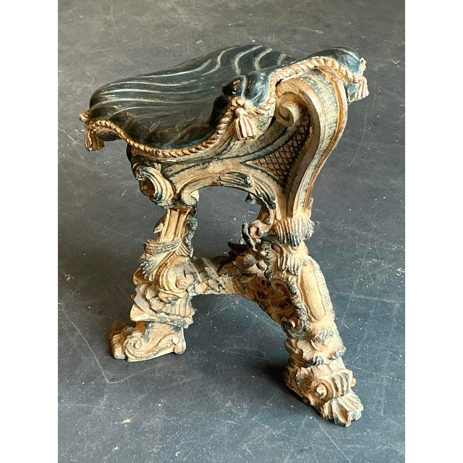Vintage Regency 16th Century Carved Tassel Low Stool In Good Condition For Sale In West Palm Beach, FL