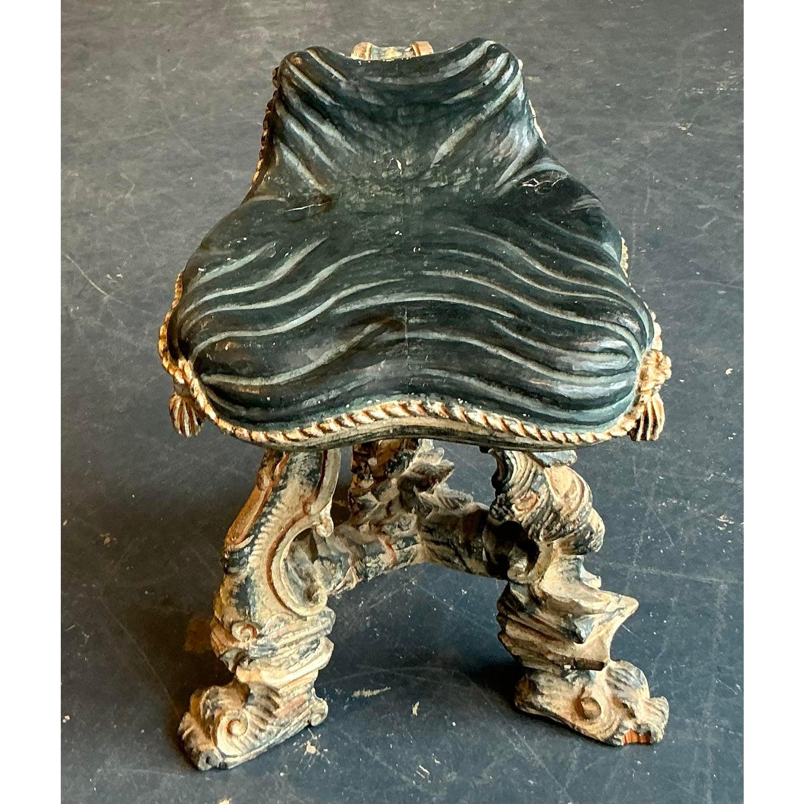 Giltwood Vintage Regency 16th Century Carved Tassel Low Stool For Sale