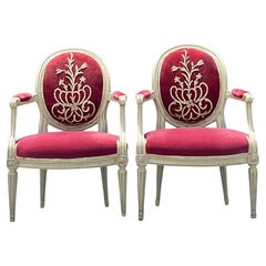 Vintage Regency 18th Century Silver Embroidery Bergere Chairs - a Pair