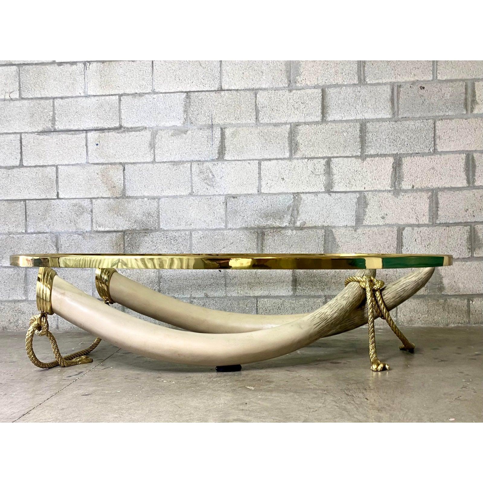 Spanish Vintage Regency 1970s Valenti Glass and Brass Faux Elephant Tusk Coffee Table