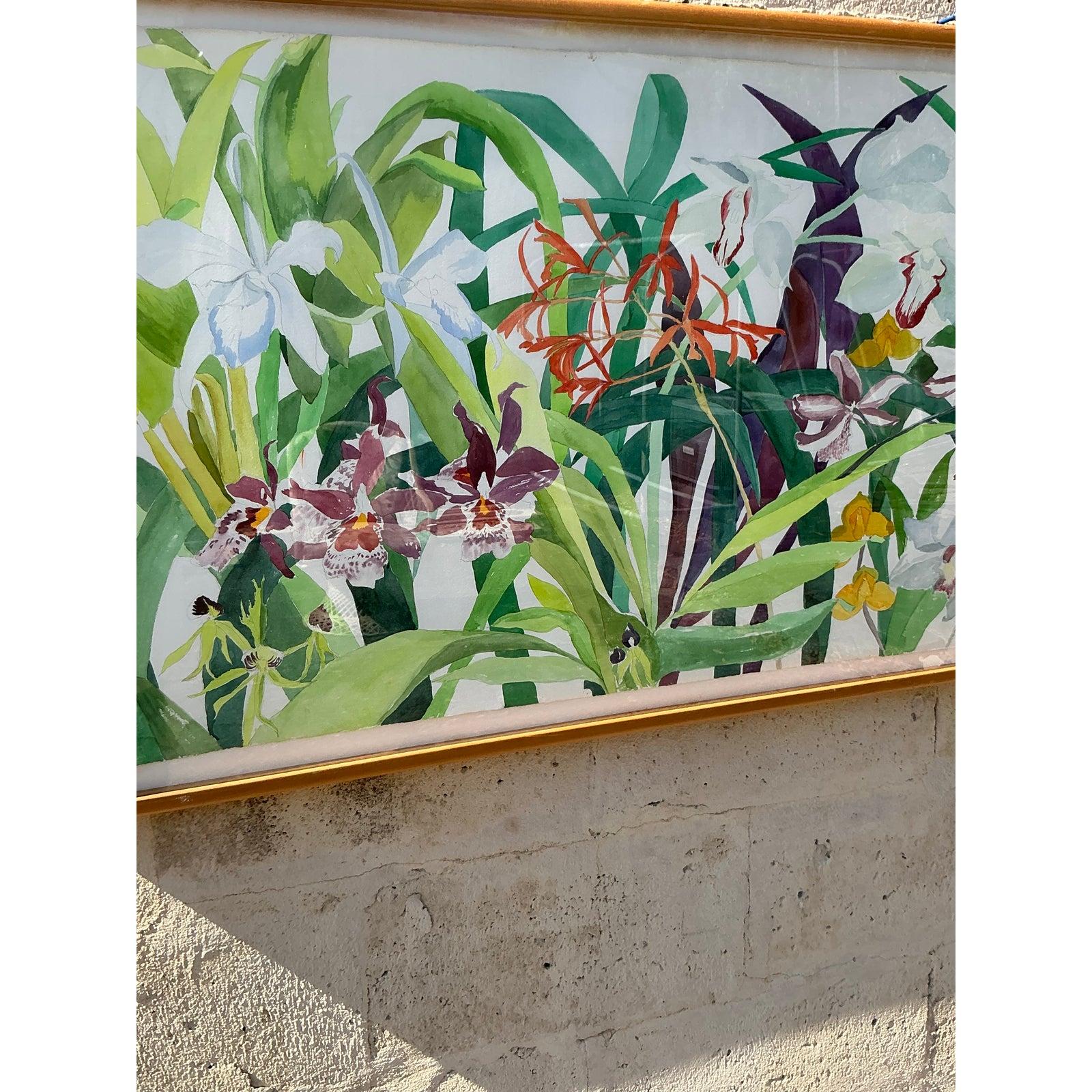 Machen Sie eine atemberaubende Aussage mit diesem Vintage Regency 1984 Monumental Original Floral Aquarell auf Papier. Dieses beeindruckende Kunstwerk zeigt eine lebendige und detaillierte Komposition üppiger floraler und botanischer Elemente, die