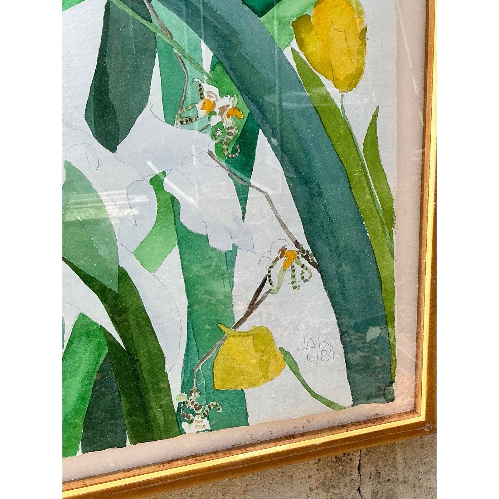 Vintage Regency 1984 Monumental Original Blumen Aquarell auf Papier im Zustand „Gut“ im Angebot in West Palm Beach, FL