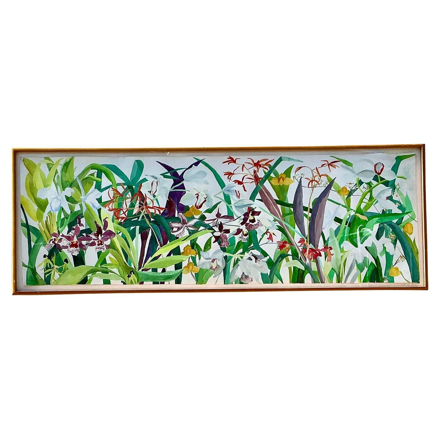 Aquarelle florale originale de style Régence vintage sur papier, monumentale, 1984