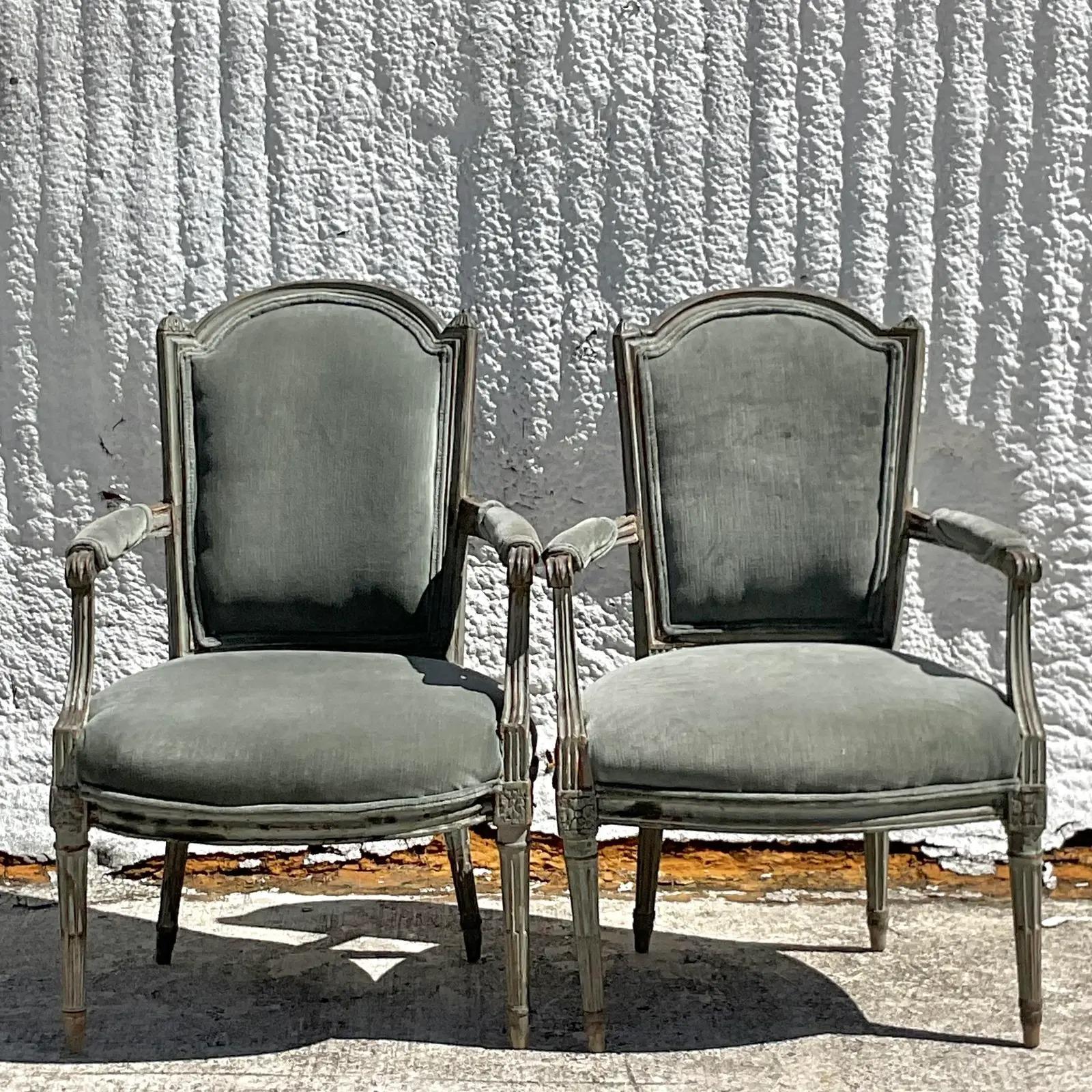 Velvet Vintage Regency 19th Century Bergere Chairs, a Pair