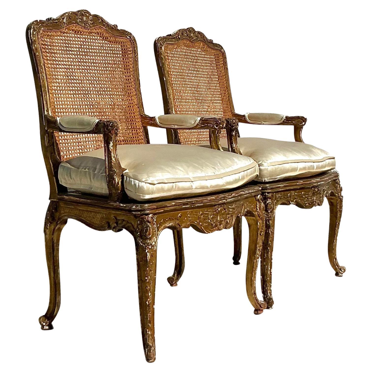 Vintage Regency 19th Century Cane Back Fauteuil Chairs - a Pair