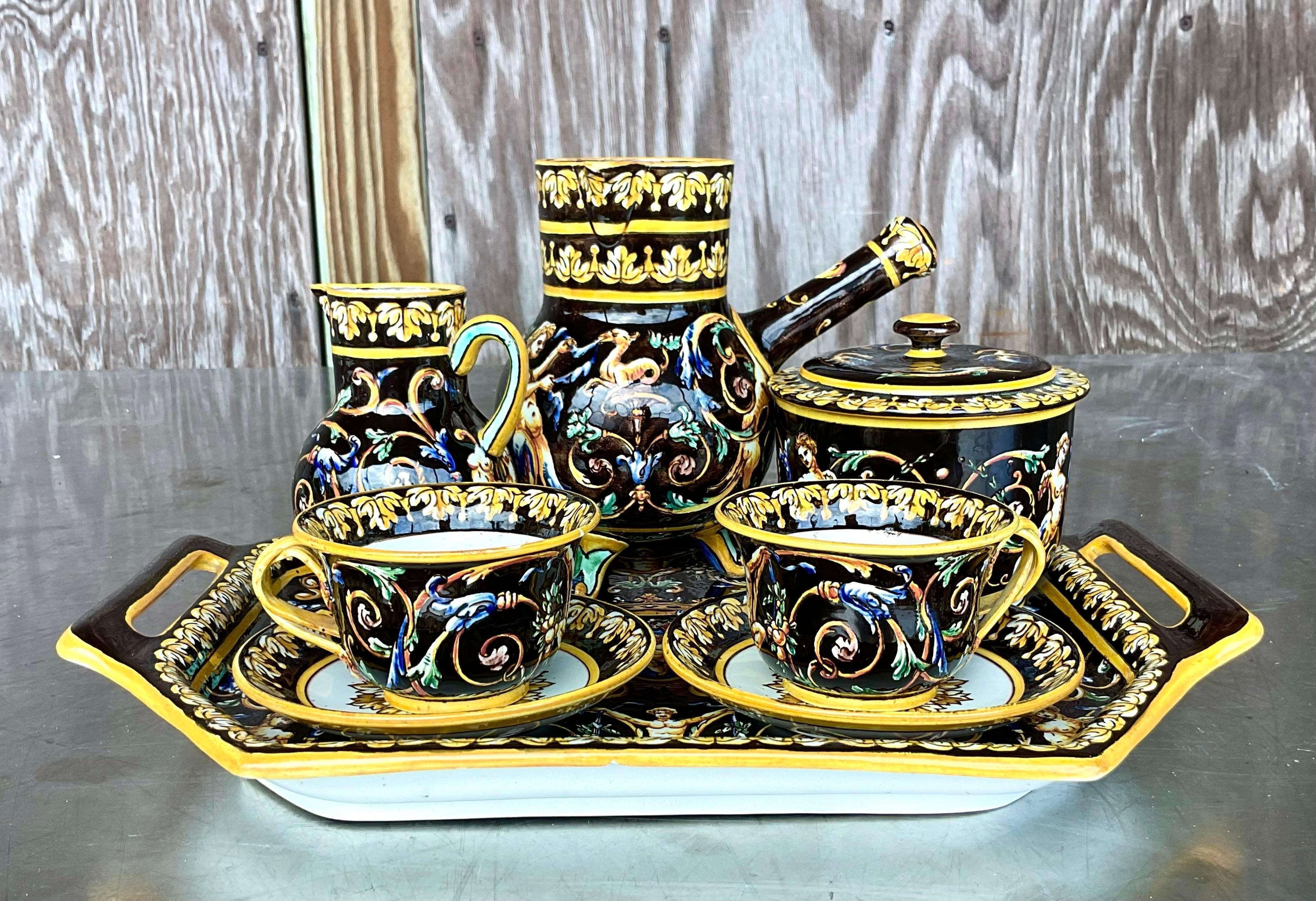 Vintage Regency 19th Century Gien French Faience Earthenware Chocolate Set In Good Condition For Sale In west palm beach, FL