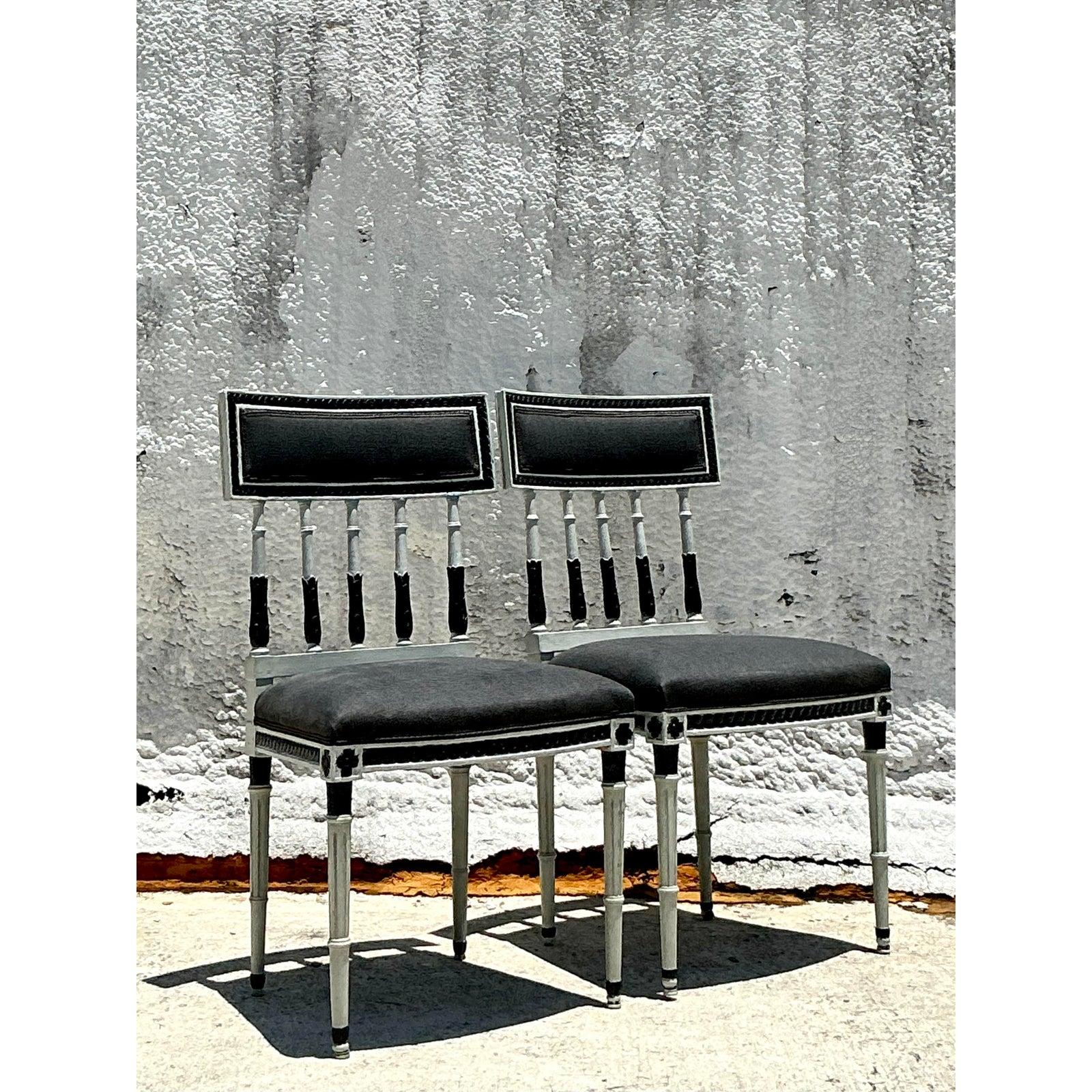 Introduce a touch of sophisticated historical elegance to your home with this exquisite pair of Vintage Regency 19th Century Gustavian Side Chairs. Each chair is a testament to the refined aesthetic and meticulous craftsmanship prevalent in European