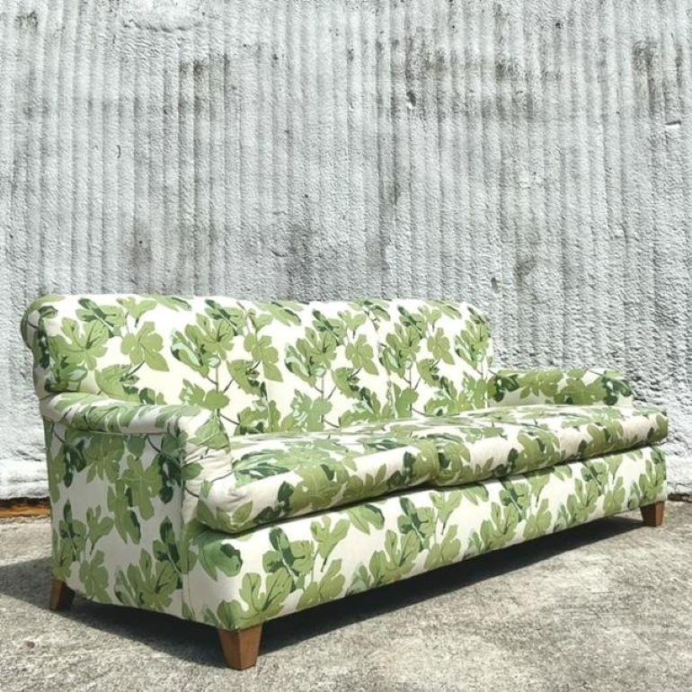 Vintage Regency 3 Seat Sofa Covered in Peter Dunham “Fig Leaf” In Good Condition In West Palm Beach, FL