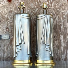 Vintage Regency 80s Chapman Glazed Ceramic Swag Table Lamps - a Pair