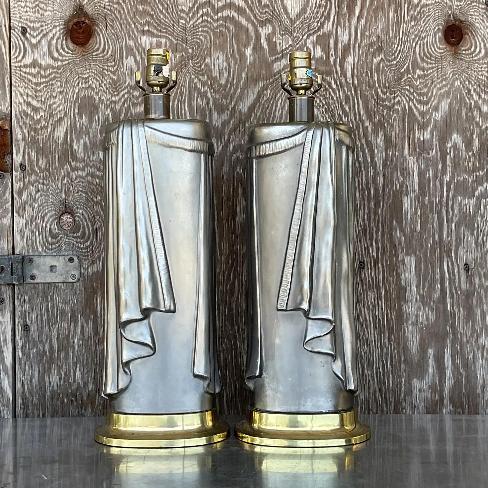 North American Vintage Regency 80s Chapman Glazed Ceramic Swag Table Lamps - a Pair
