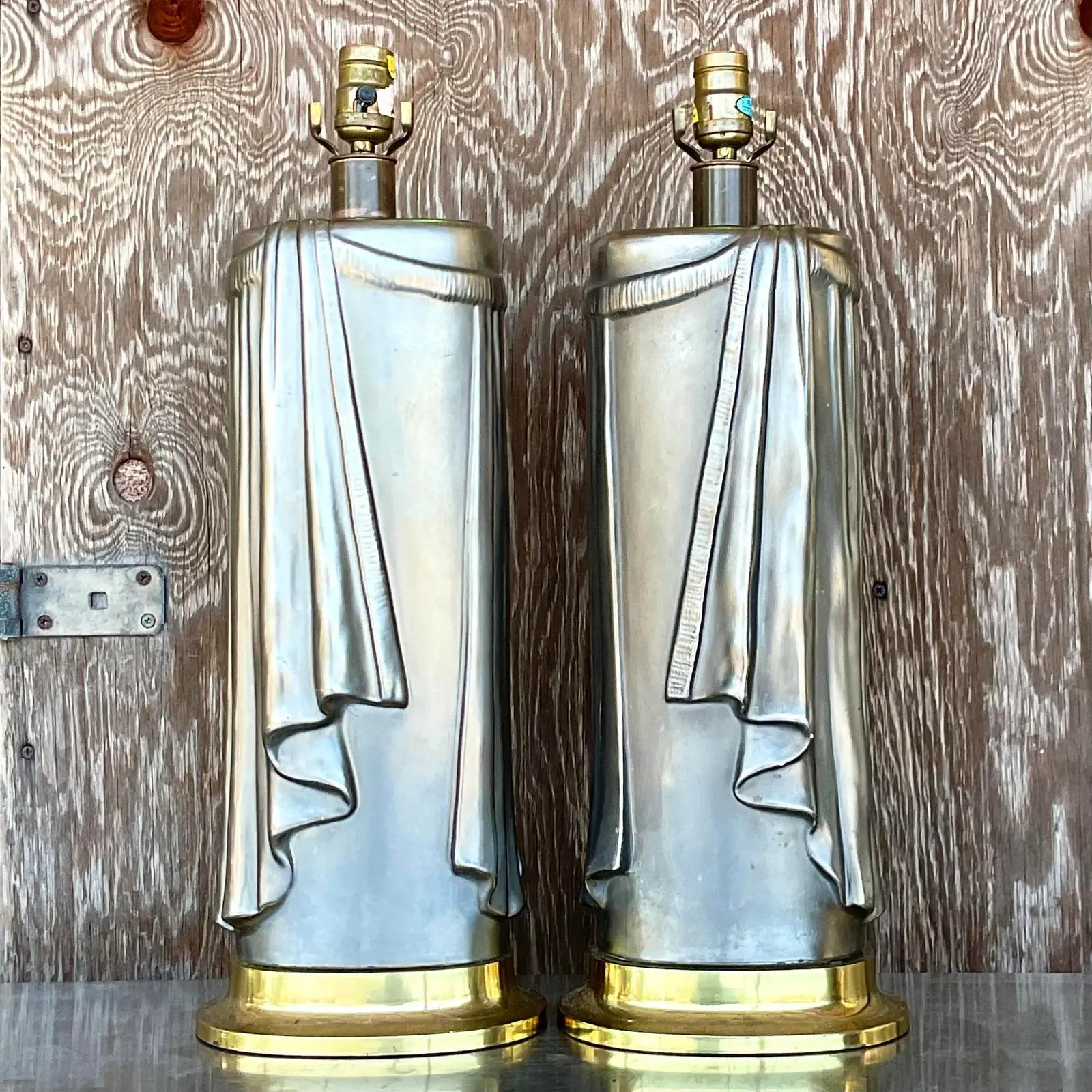 Late 20th Century Vintage Regency 80s Chapman Glazed Ceramic Swag Table Lamps - a Pair For Sale