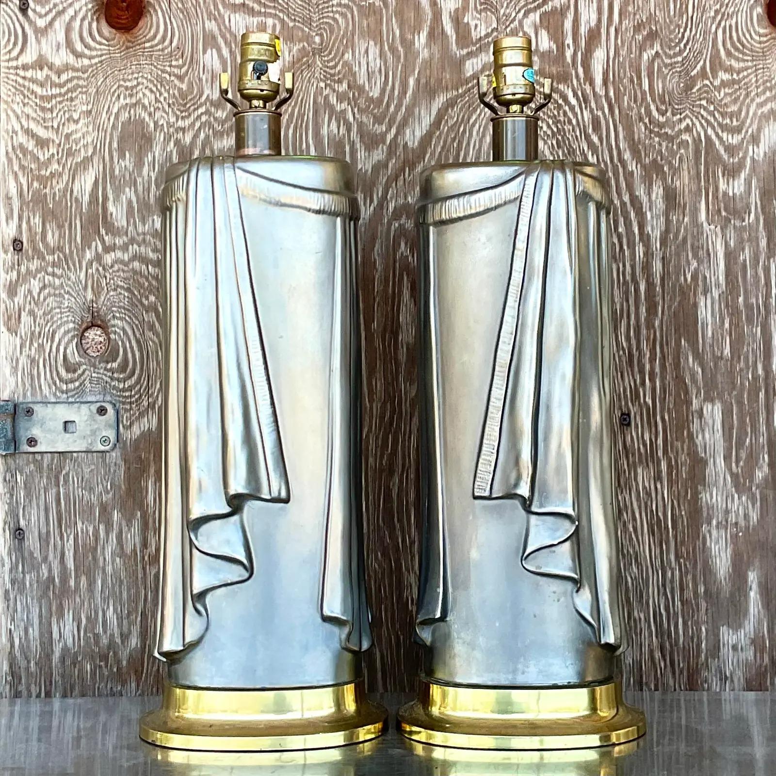 Late 20th Century Vintage Regency 80s Chapman Glazed Ceramic Swag Table Lamps - a Pair