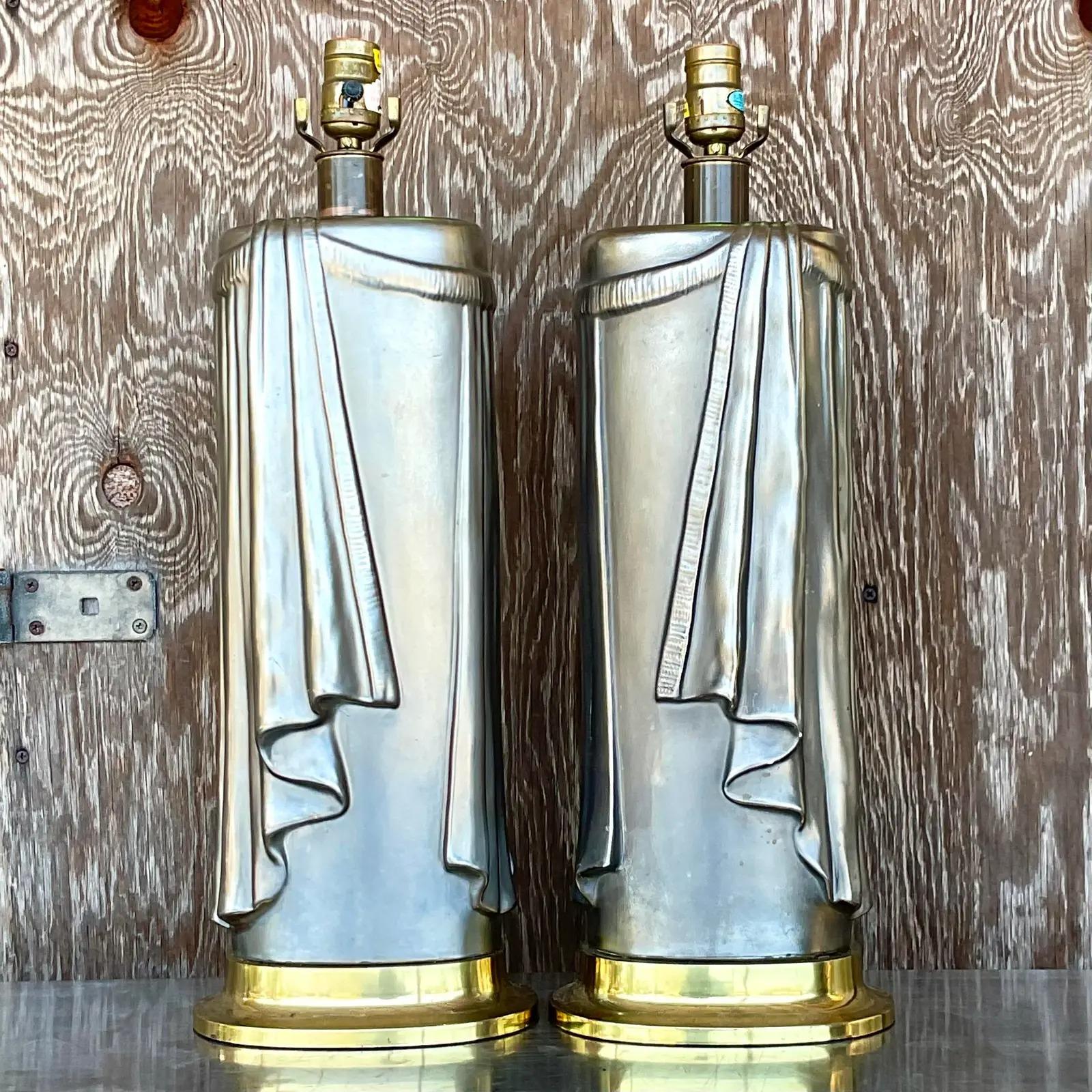 Brass Vintage Regency 80s Chapman Glazed Ceramic Swag Table Lamps - a Pair