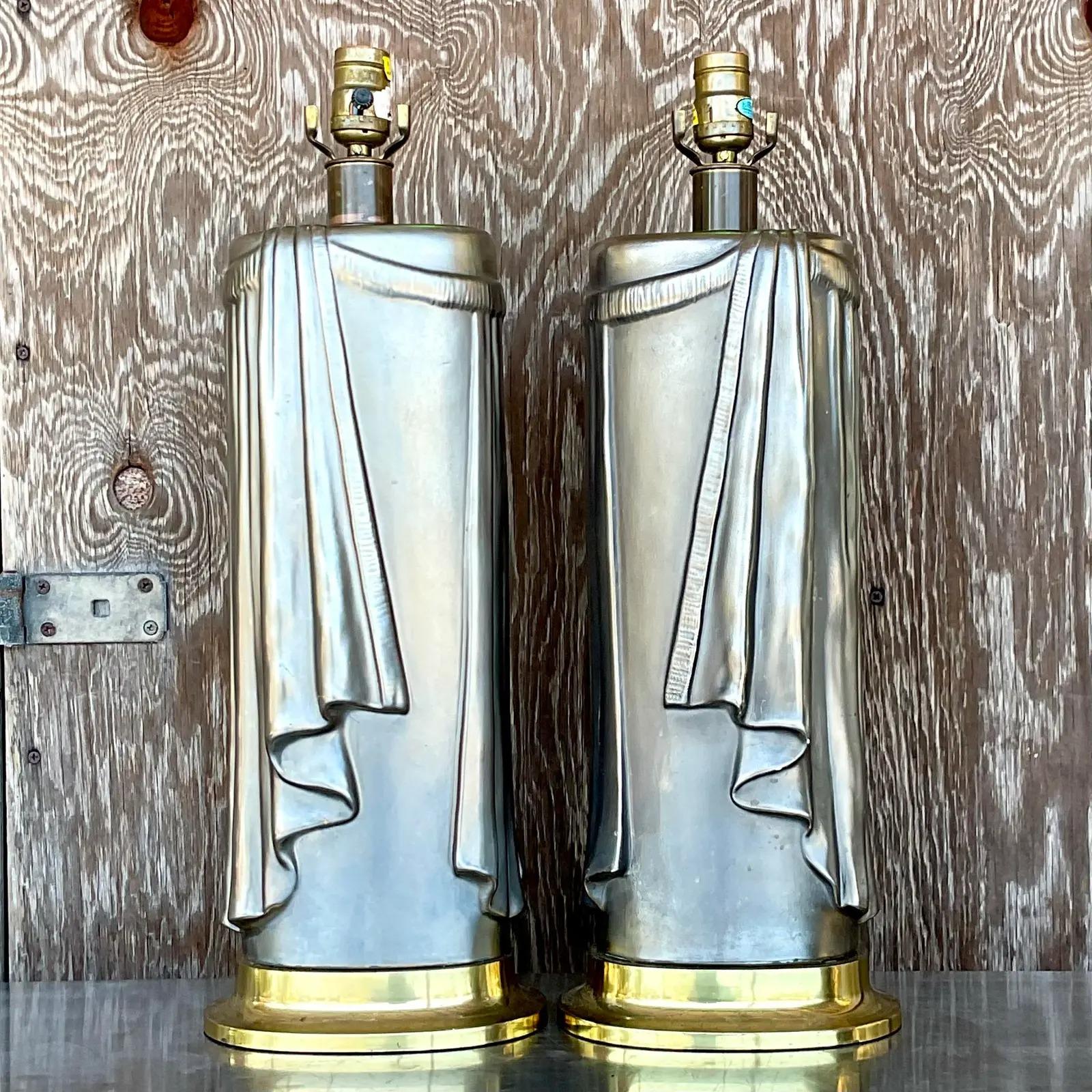 Vintage Regency 80s Chapman Glazed Ceramic Swag Table Lamps - a Pair 1